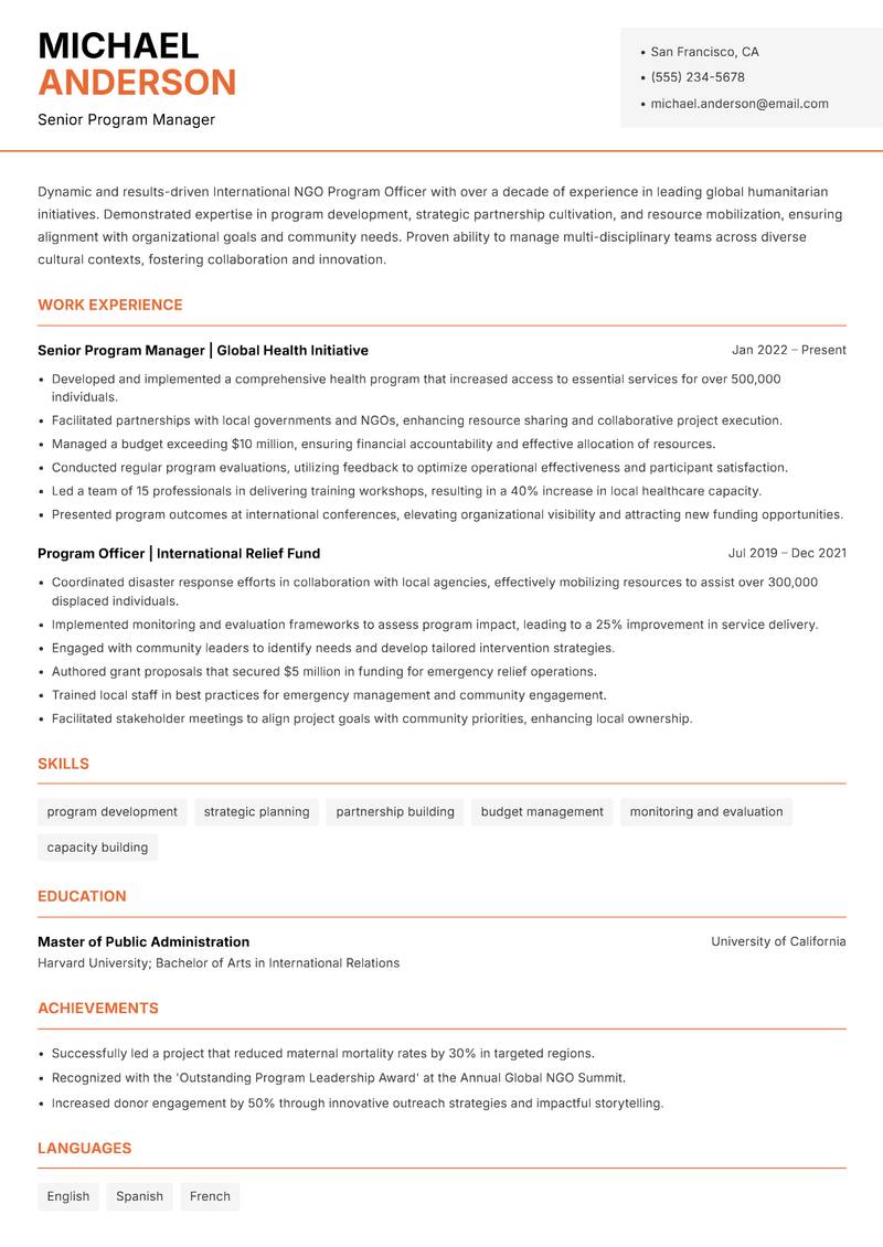 International NGO Program Officer resume sample — Senior Program Manager focus