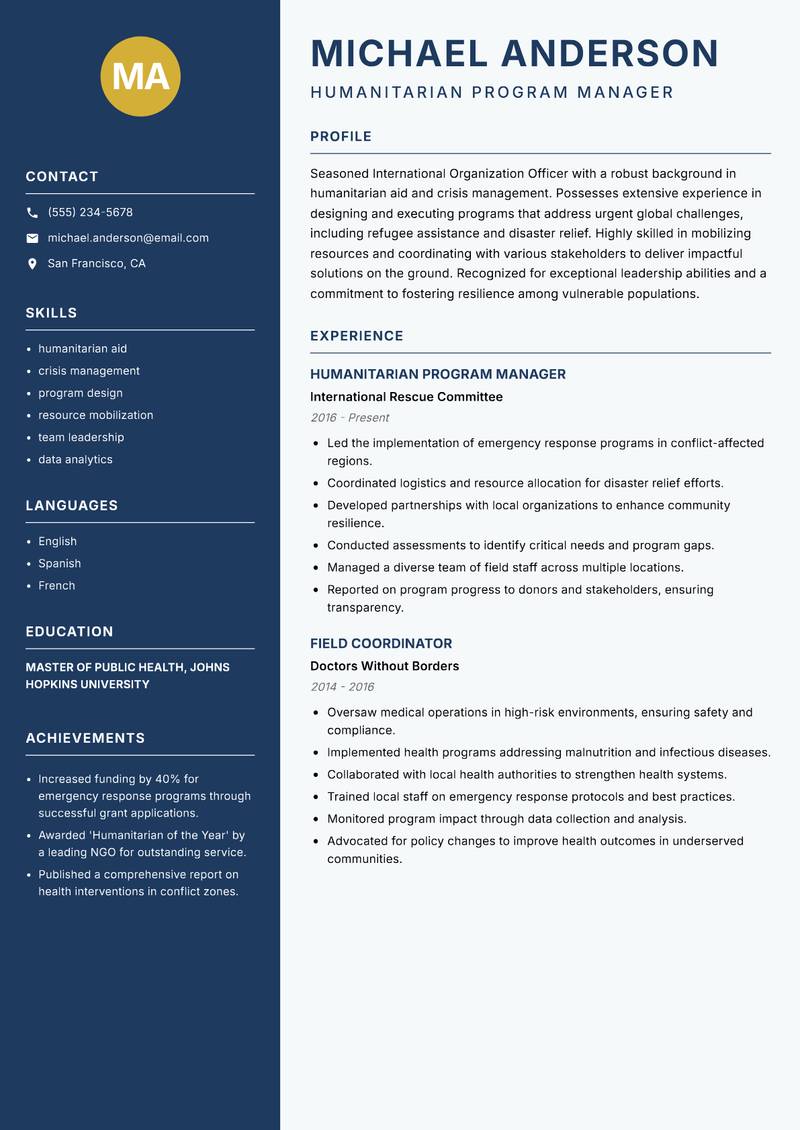International Organization Officer resume sample — Humanitarian Program Manager focus