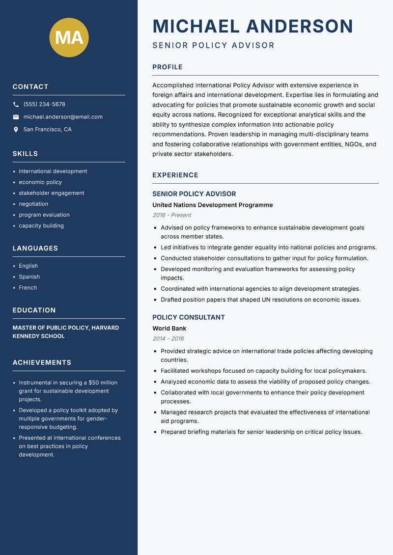 International Policy Advisor resume sample — Senior Policy Advisor focus