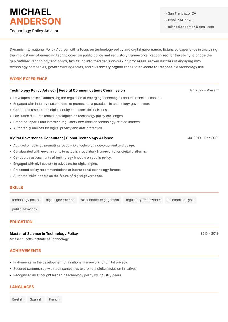 International Policy Advisor resume sample — Technology Policy Advisor focus