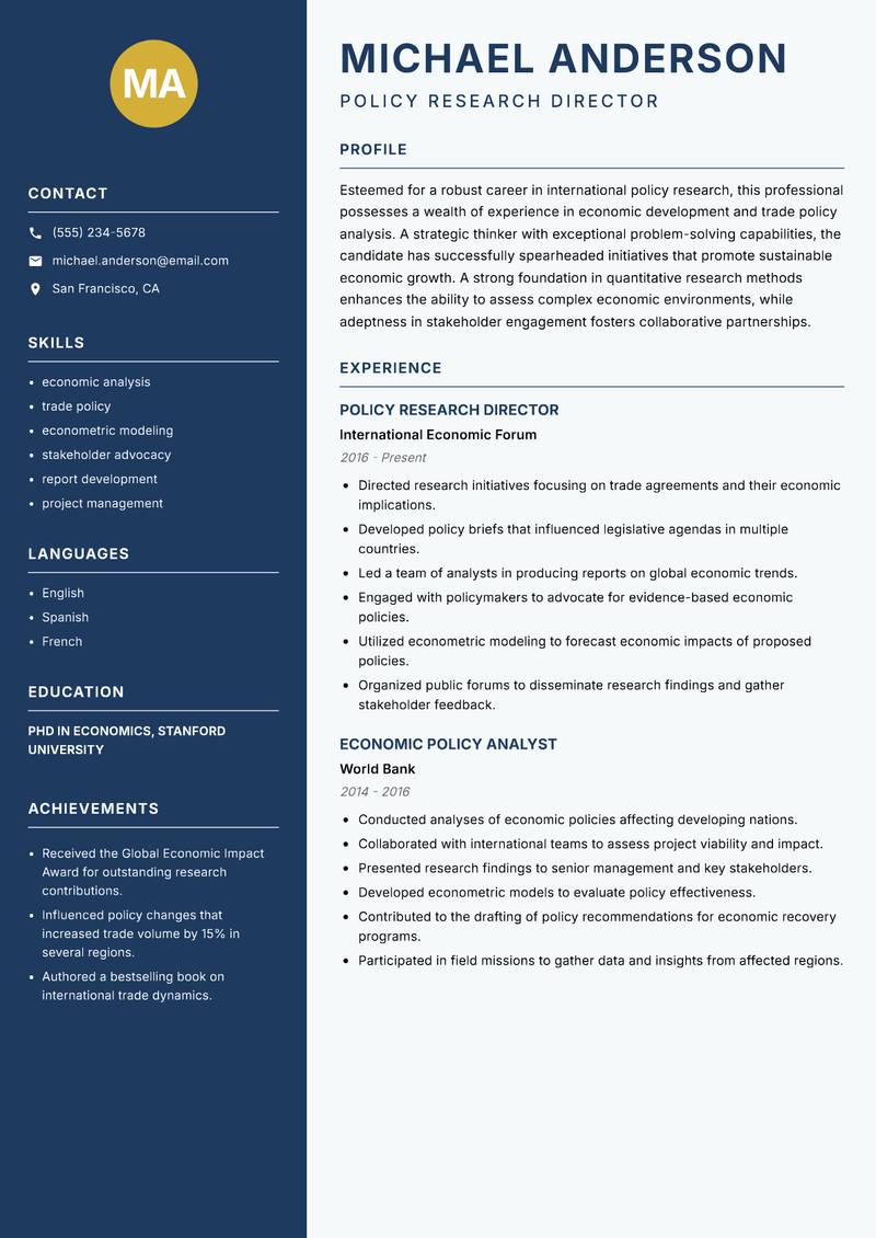 International Policy Researcher resume sample — Policy Research Director focus