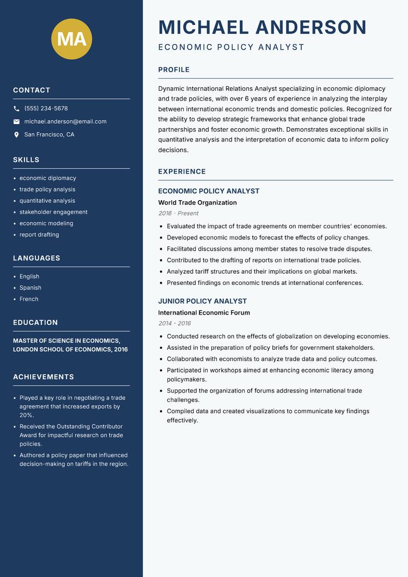 International Relations Analyst resume sample — Economic Policy Analyst focus