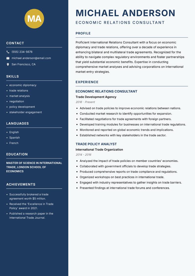 International Relations Consultant resume sample — Economic Relations Consultant focus