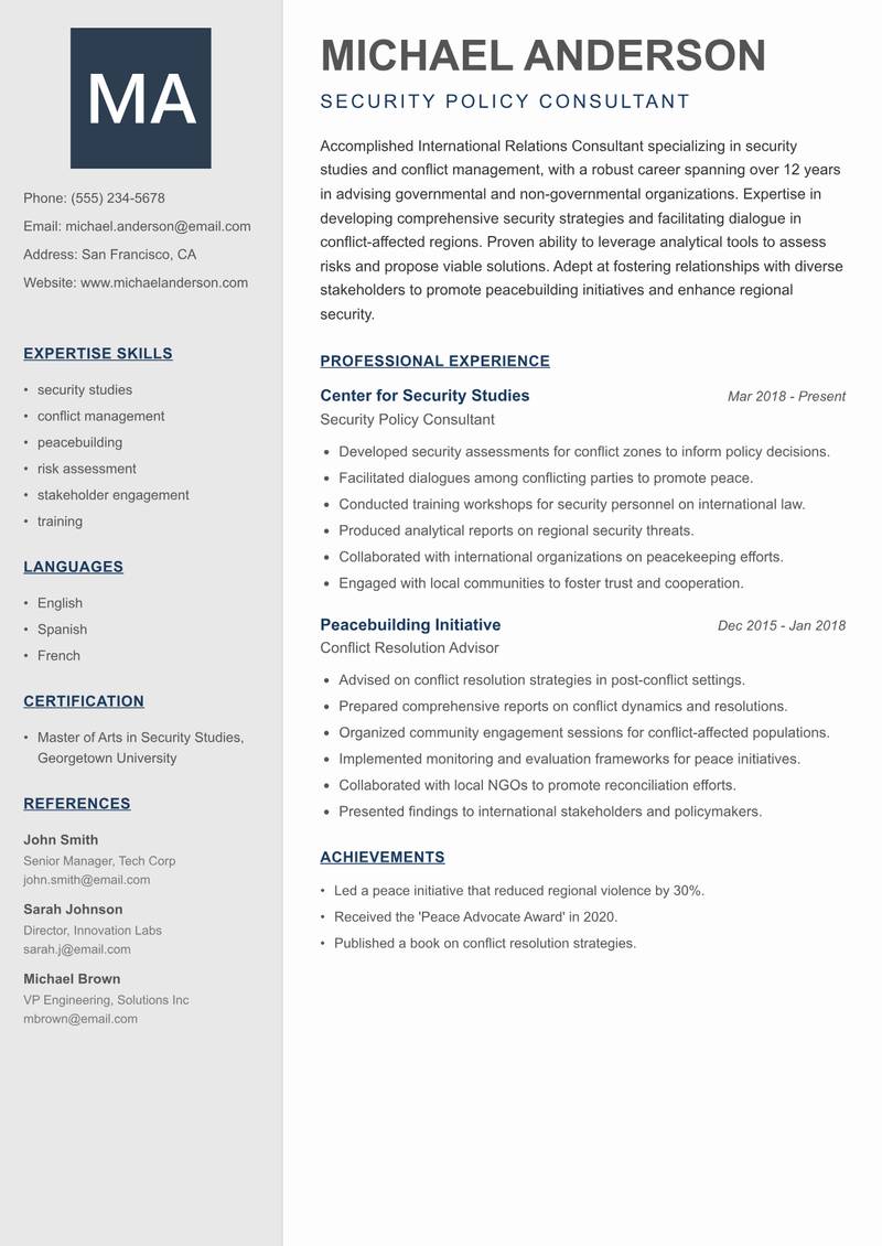 International Relations Consultant resume sample — Security Policy Consultant focus