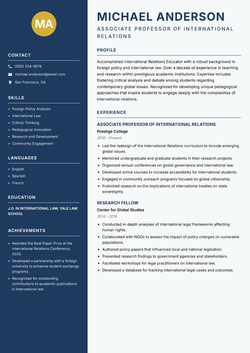 International Relations Educator resume sample — Associate Professor of International Relations focus