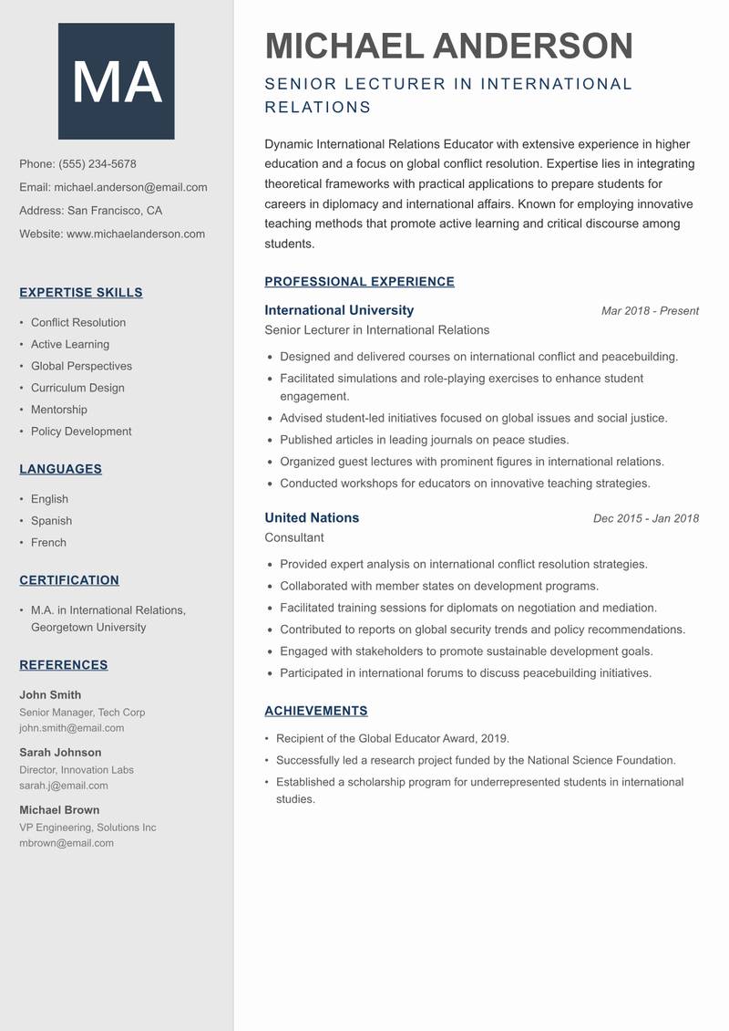 International Relations Educator resume sample — Senior Lecturer in International Relations focus