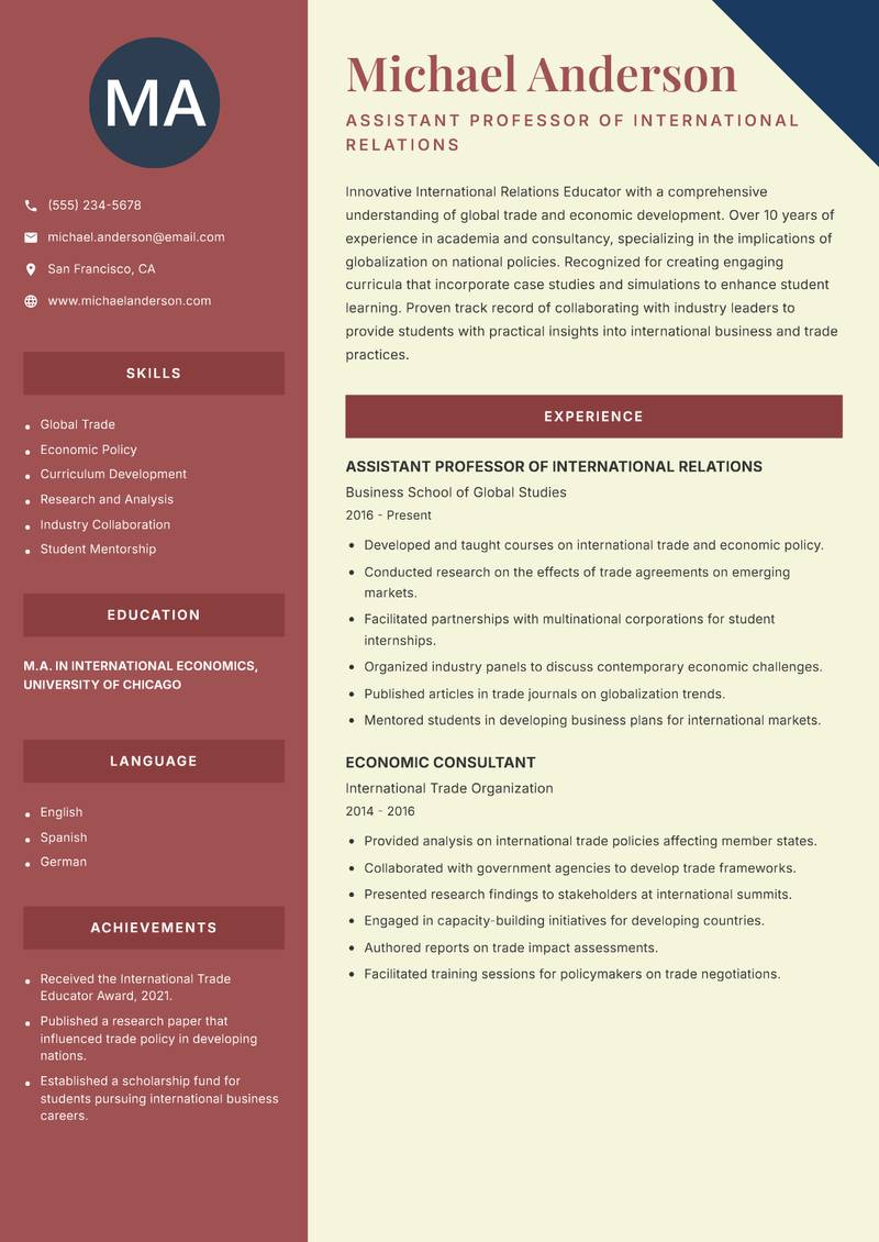 International Relations Educator resume sample — Assistant Professor of International Relations focus