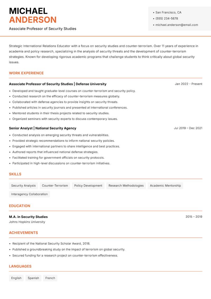 International Relations Educator resume sample — Associate Professor of Security Studies focus
