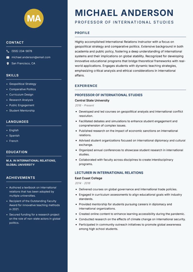 International Relations Instructor resume sample — Professor of International Studies focus
