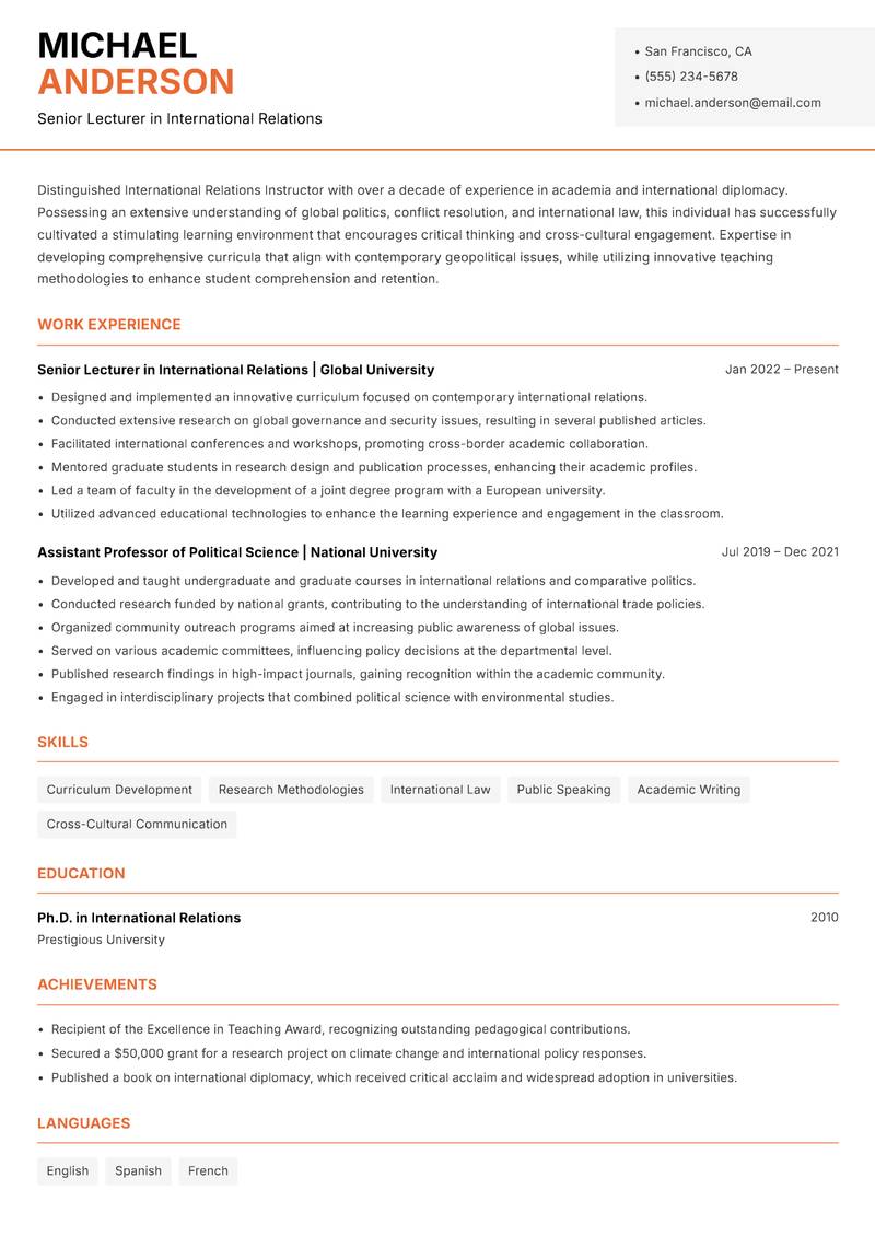 International Relations Instructor resume sample — Senior Lecturer in International Relations focus