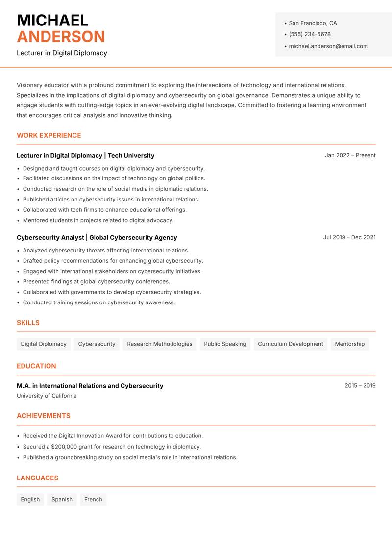 International Relations Lecturer resume sample — Lecturer in Digital Diplomacy focus