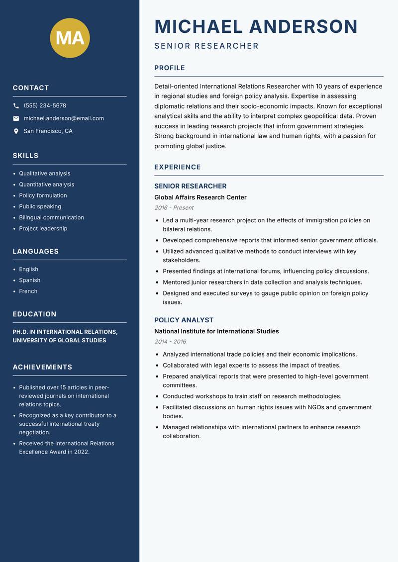 International Relations Researcher resume sample — Senior Researcher focus