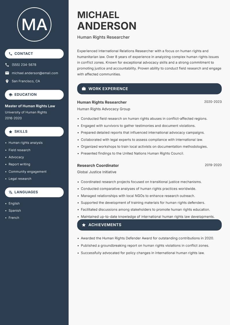 International Relations Researcher resume sample — Human Rights Researcher focus