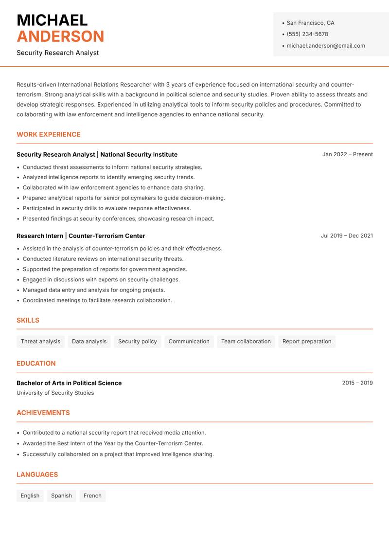 International Relations Researcher resume sample — Security Research Analyst focus