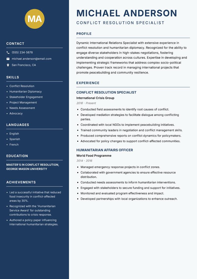 International Relations Specialist resume sample — Conflict Resolution Specialist focus