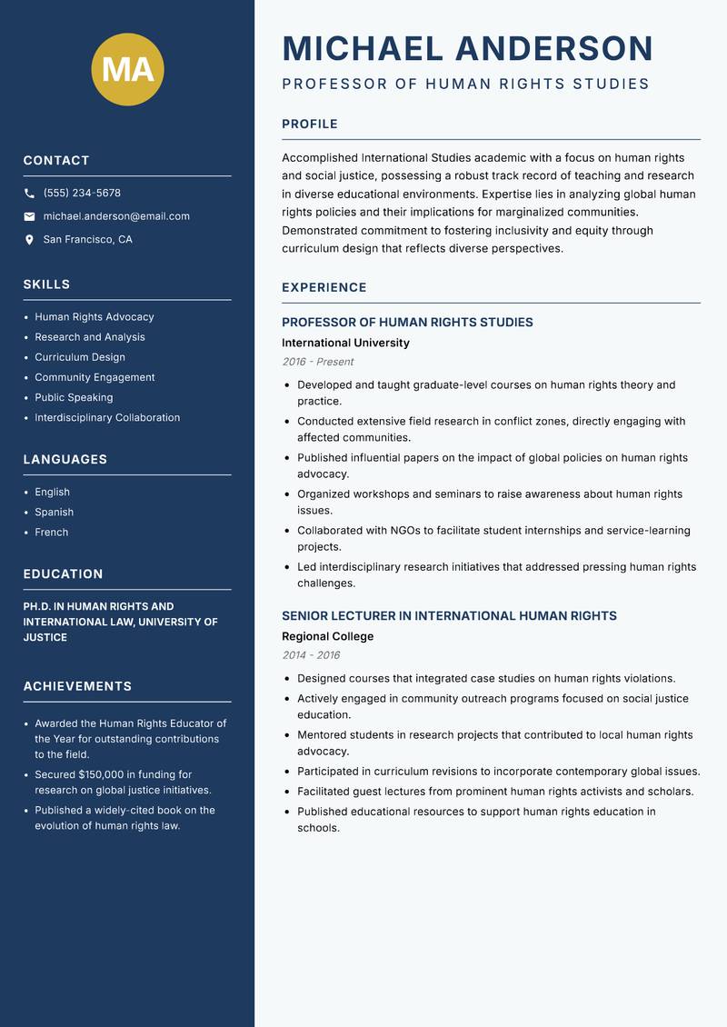 International Studies Professor resume sample — Professor of Human Rights Studies focus