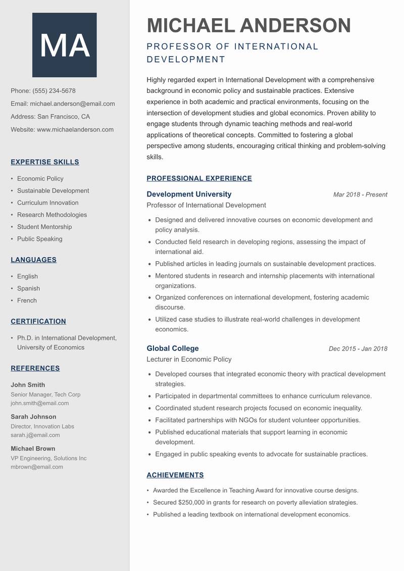 International Studies Professor resume sample — Professor of International Development focus