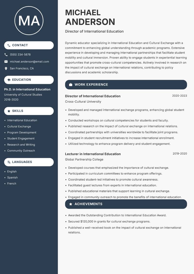 International Studies Professor resume sample — Director of International Education focus