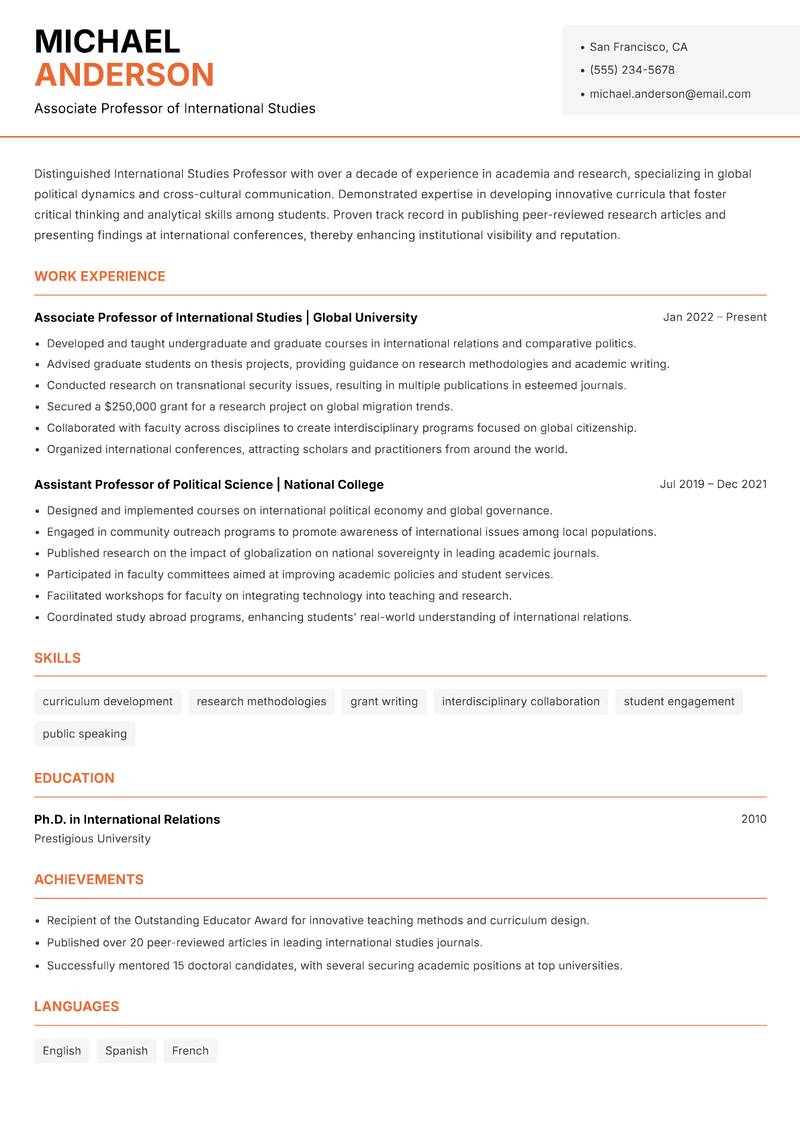 International Studies Professor resume sample — Associate Professor of International Studies focus