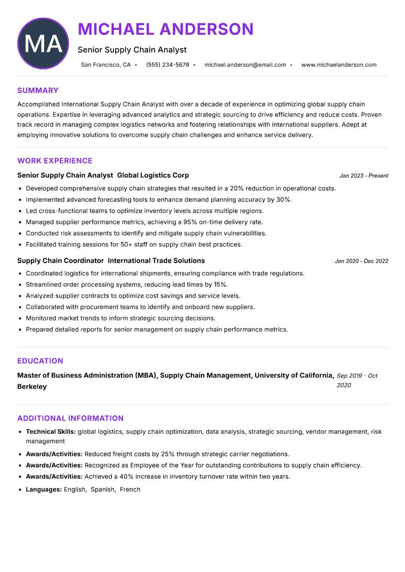 International Supply Chain Analyst resume example