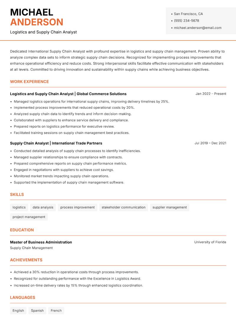 International Supply Chain Analyst resume sample — Logistics and Supply Chain Analyst focus