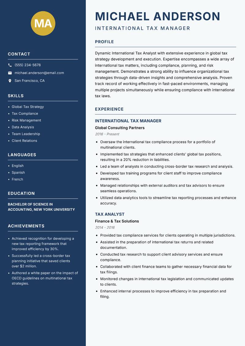 International Tax Analyst resume sample — International Tax Manager focus