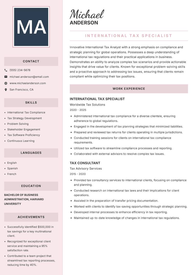 International Tax Analyst resume sample — International Tax Specialist focus