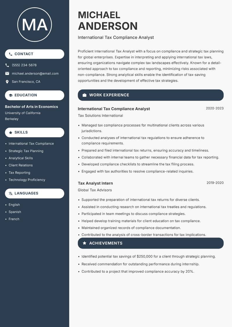 International Tax Analyst resume sample — International Tax Compliance Analyst focus