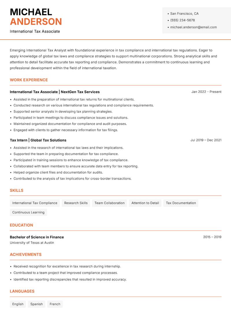 International Tax Analyst resume sample — International Tax Associate focus