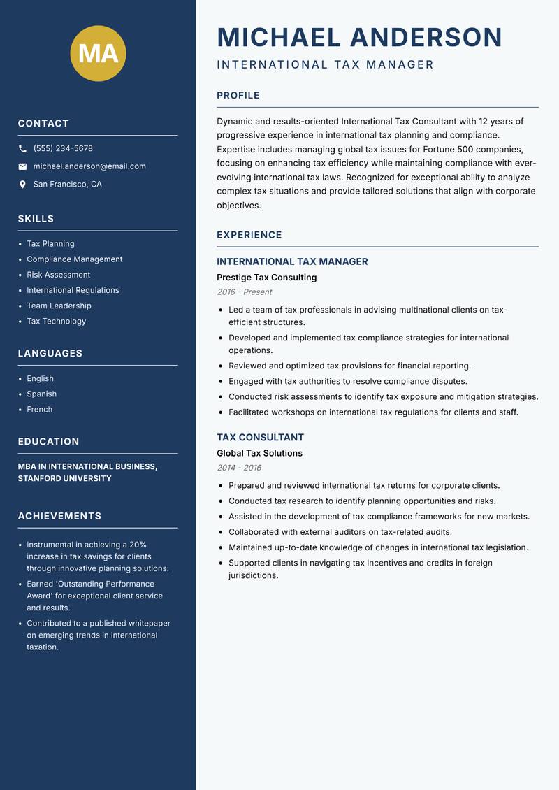 International Tax Consultant resume sample — International Tax Manager focus