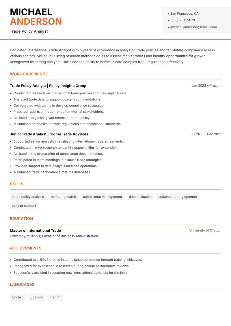International Trade Analyst resume sample — Trade Policy Analyst focus
