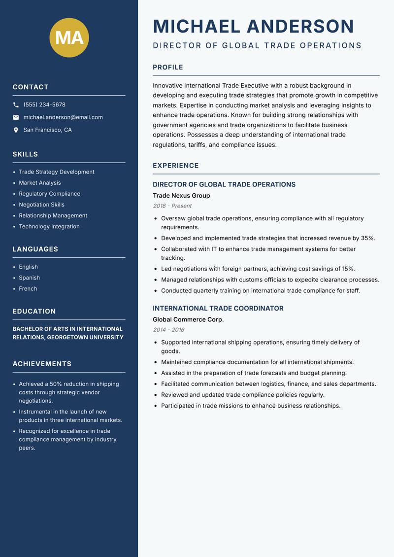 International Trade Executive resume sample — Director of Global Trade Operations focus