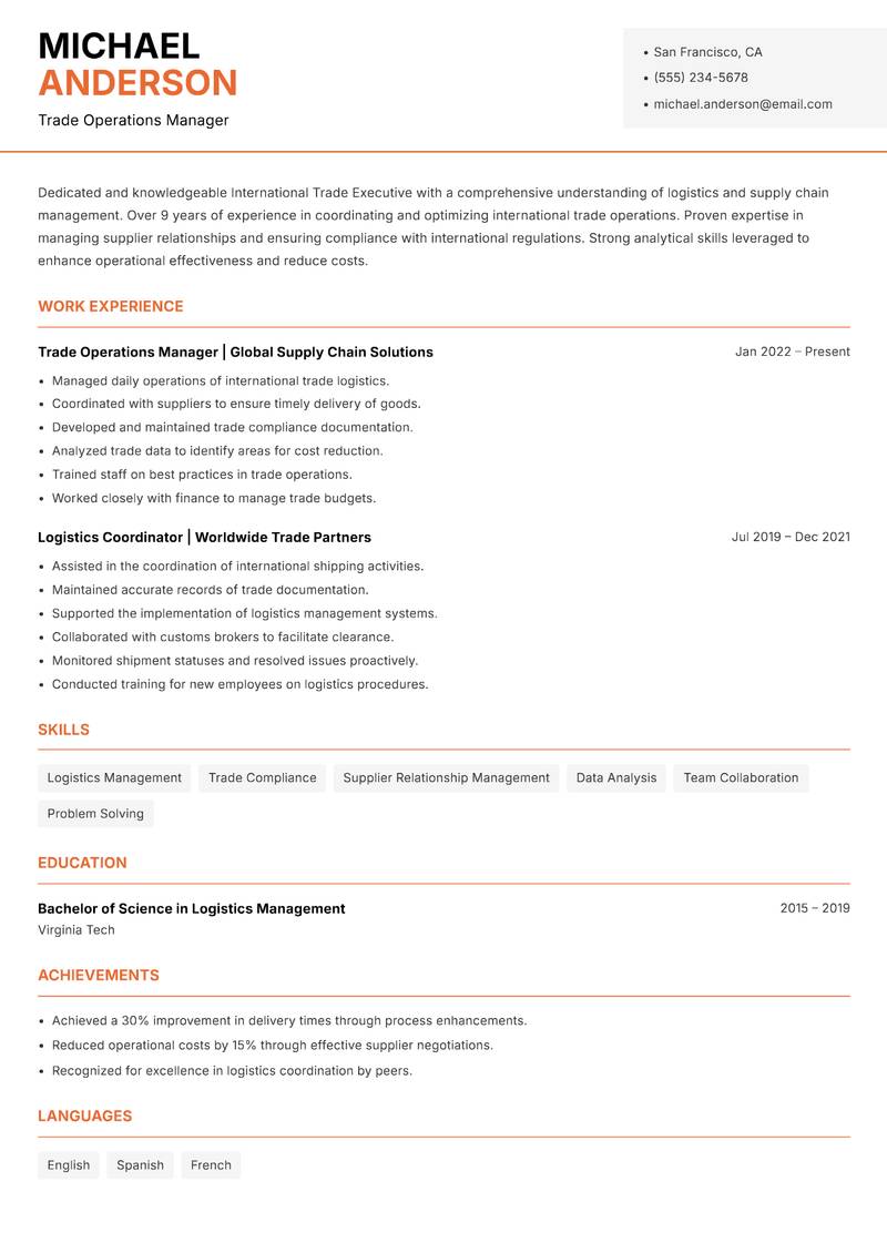 International Trade Executive resume sample — Trade Operations Manager focus