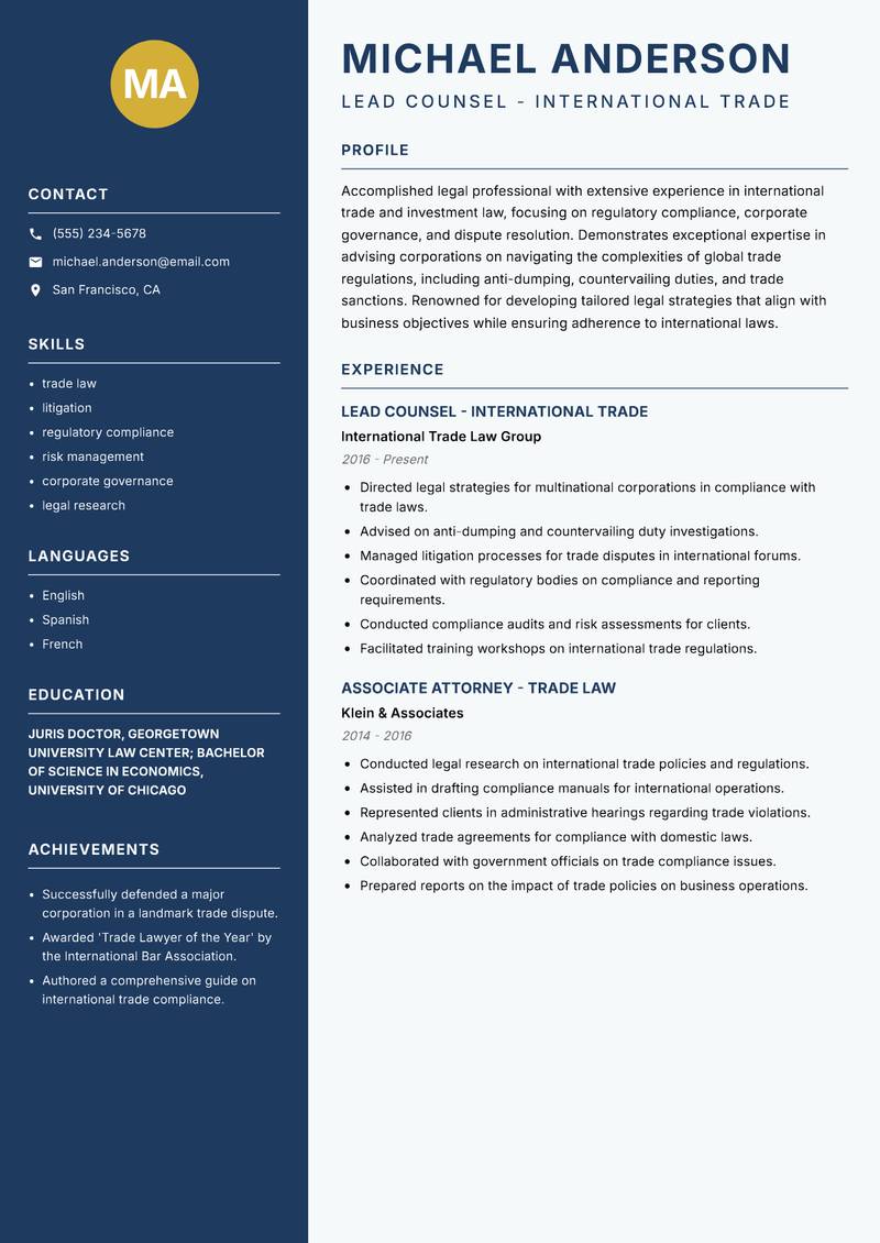 International Trade Lawyer resume sample — Lead Counsel - International Trade focus