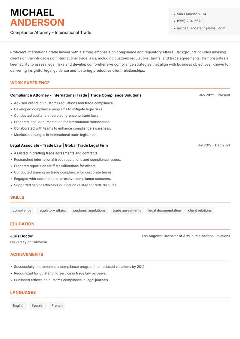 International Trade Lawyer resume sample — Compliance Attorney - International Trade focus