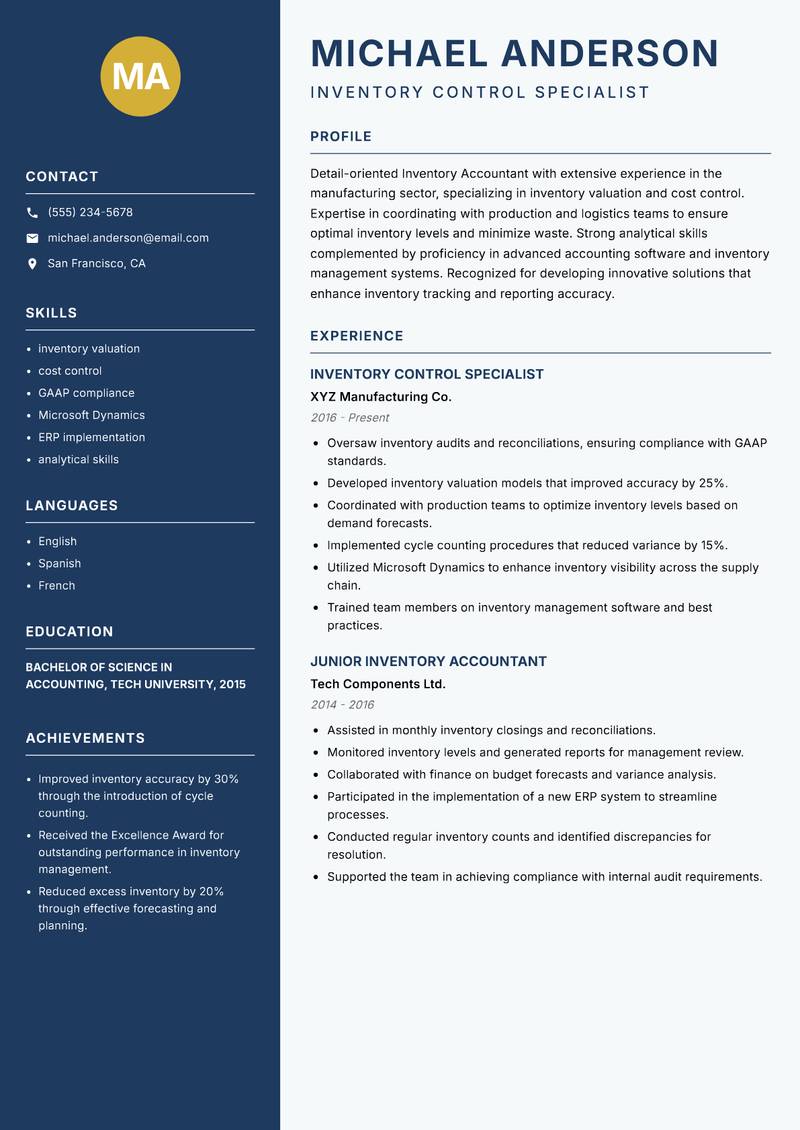 Inventory Accountant resume sample — Inventory Control Specialist focus