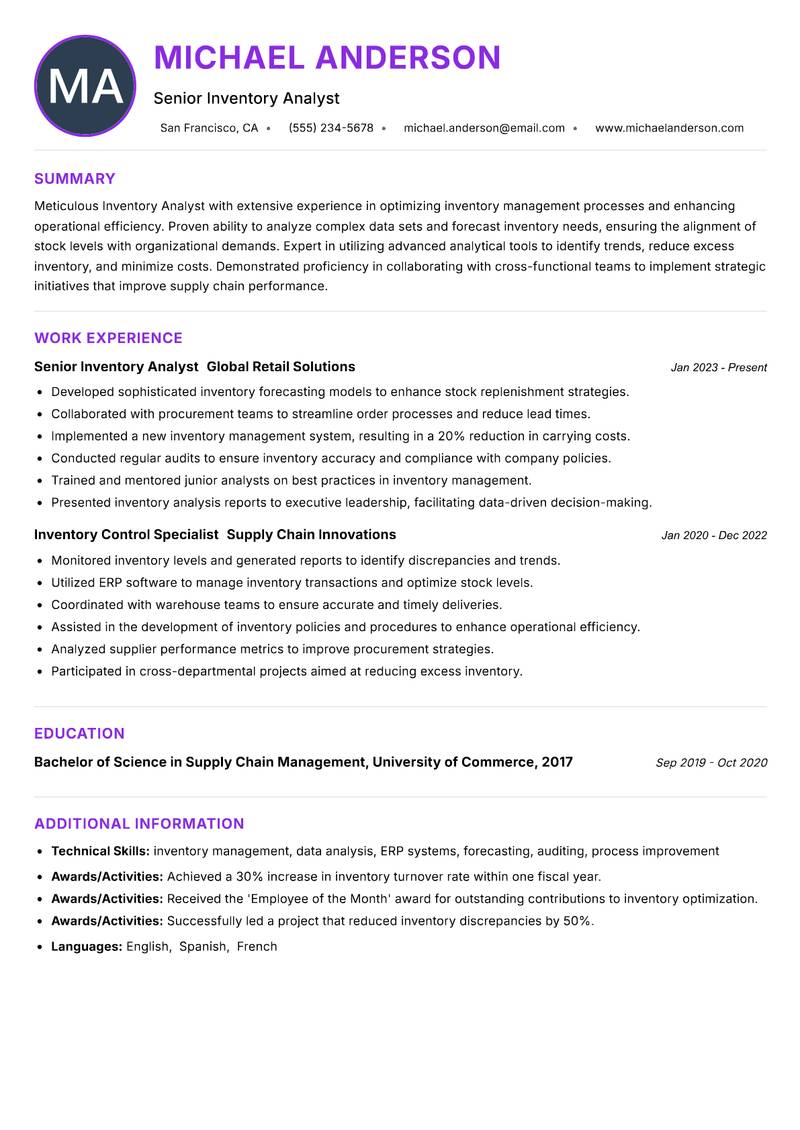 Inventory Analyst resume example