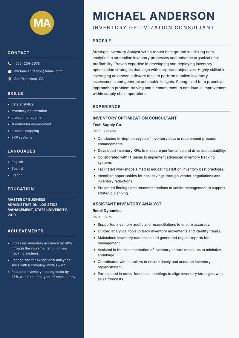 Inventory Analyst resume sample — Inventory Optimization Consultant focus