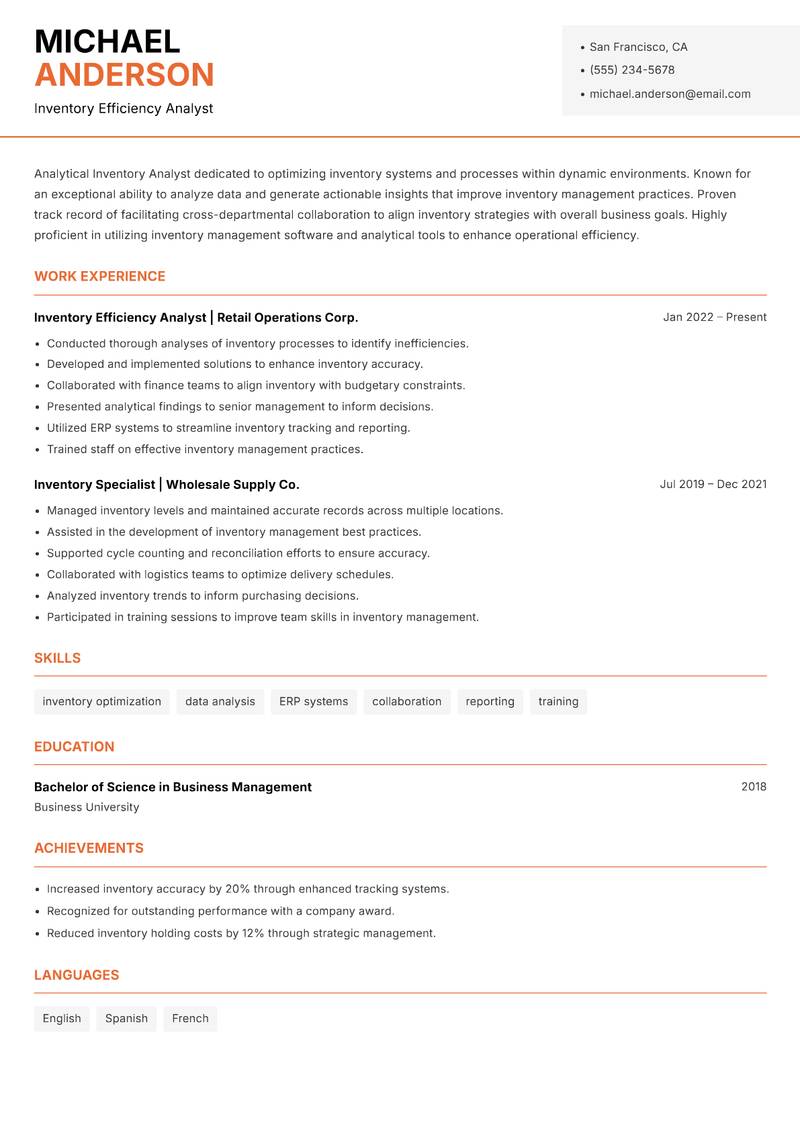 Inventory Analyst resume sample — Inventory Efficiency Analyst focus