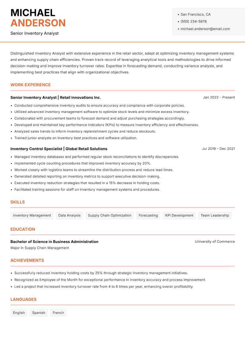 Inventory Analyst Retail resume sample — Senior Inventory Analyst focus