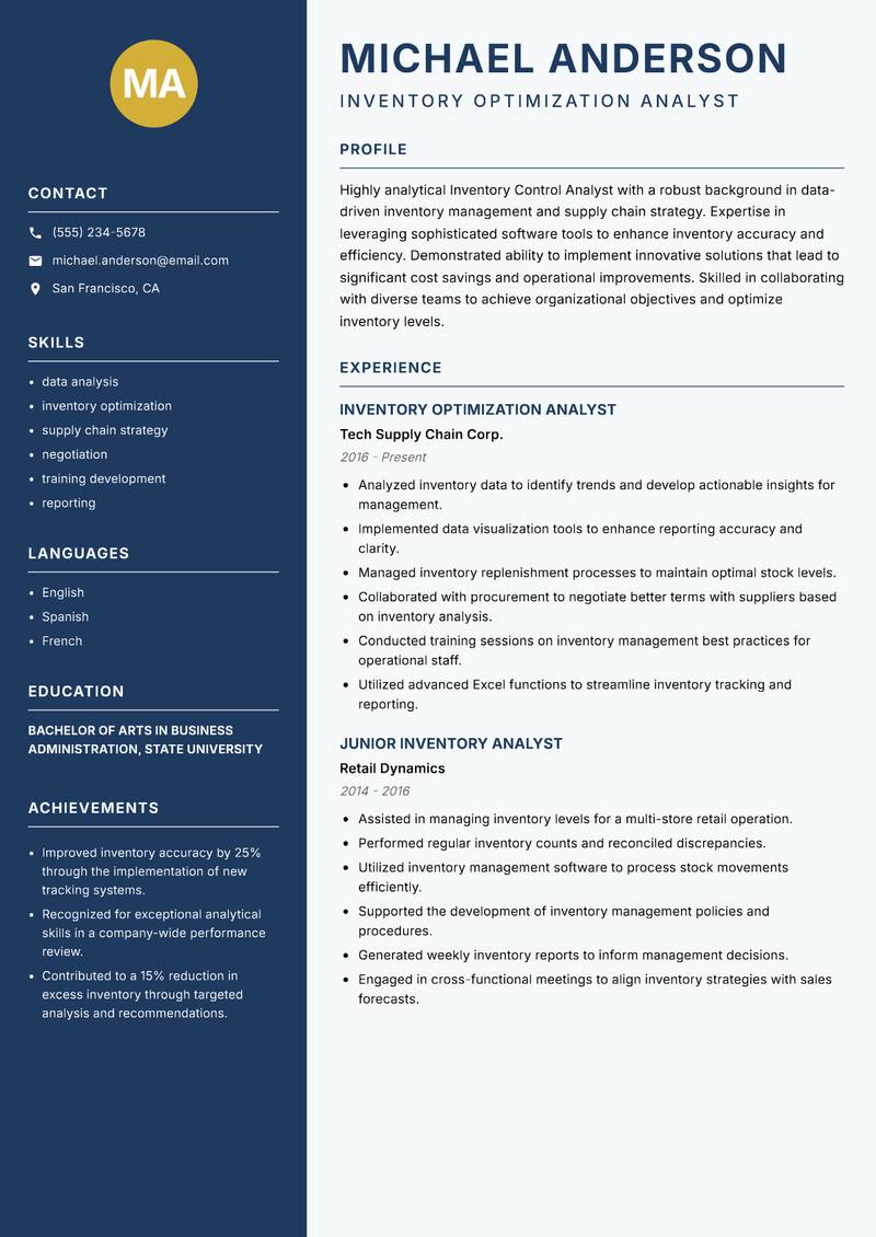 Inventory Control Analyst resume sample — Inventory Optimization Analyst focus