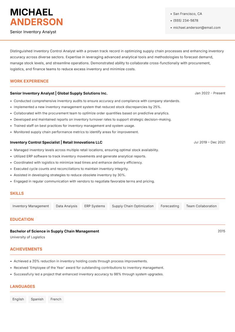 Inventory Control Analyst resume sample — Senior Inventory Analyst focus