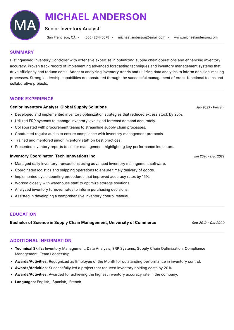 Inventory Controller resume example