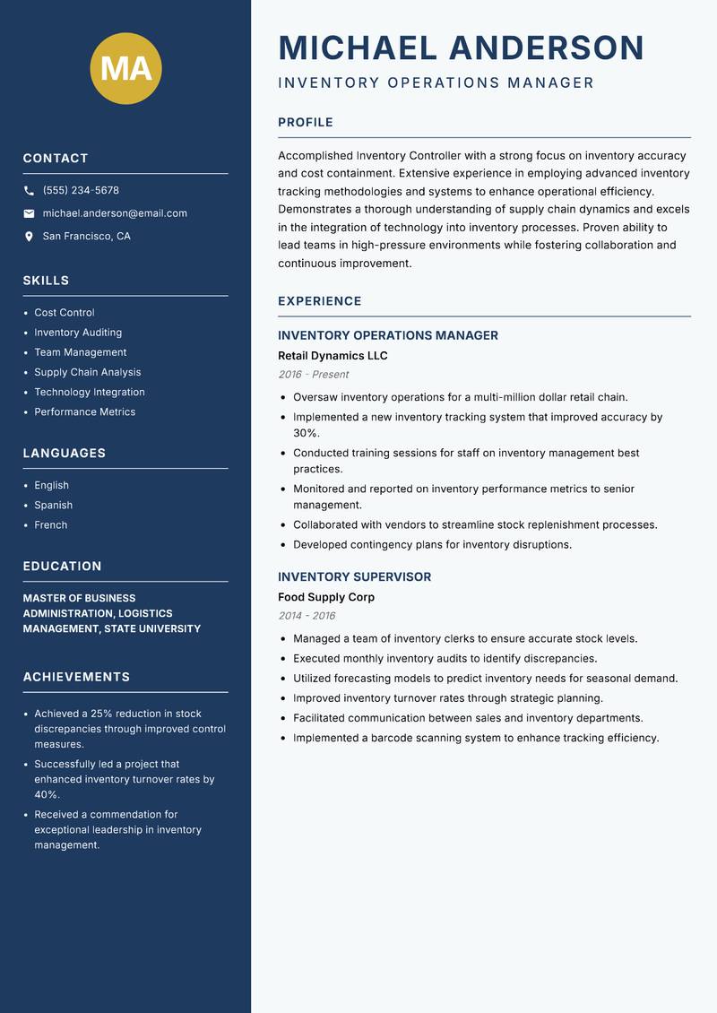Inventory Controller resume sample — Inventory Operations Manager focus