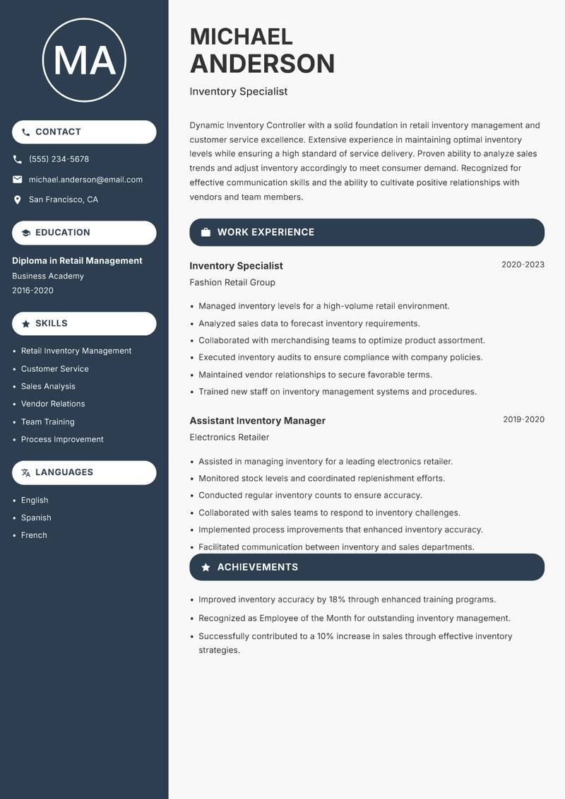 Inventory Controller resume sample — Inventory Specialist focus