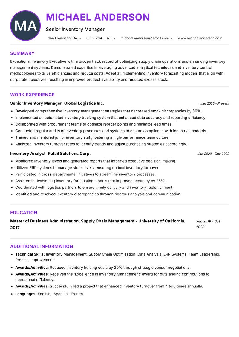 Inventory Executive resume example