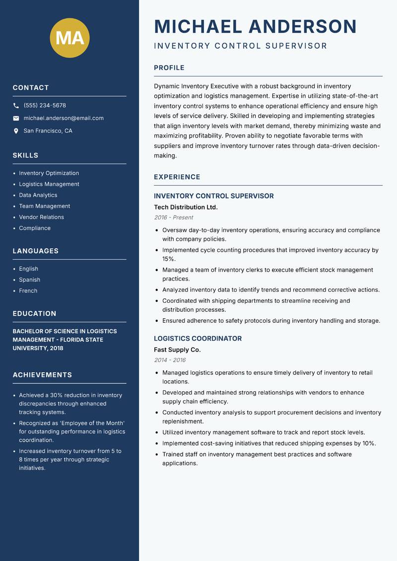 Inventory Executive resume sample — Inventory Control Supervisor focus