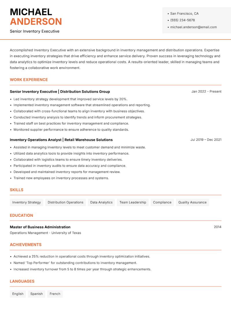 Inventory Executive resume sample — Senior Inventory Executive focus