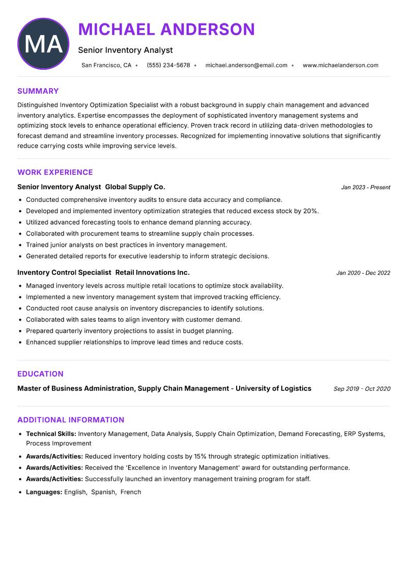 Inventory Optimization Specialist resume example