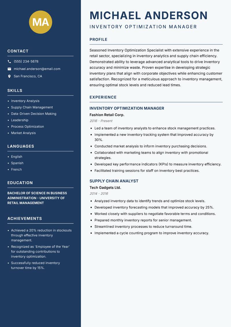 Inventory Optimization Specialist resume sample — Inventory Optimization Manager focus